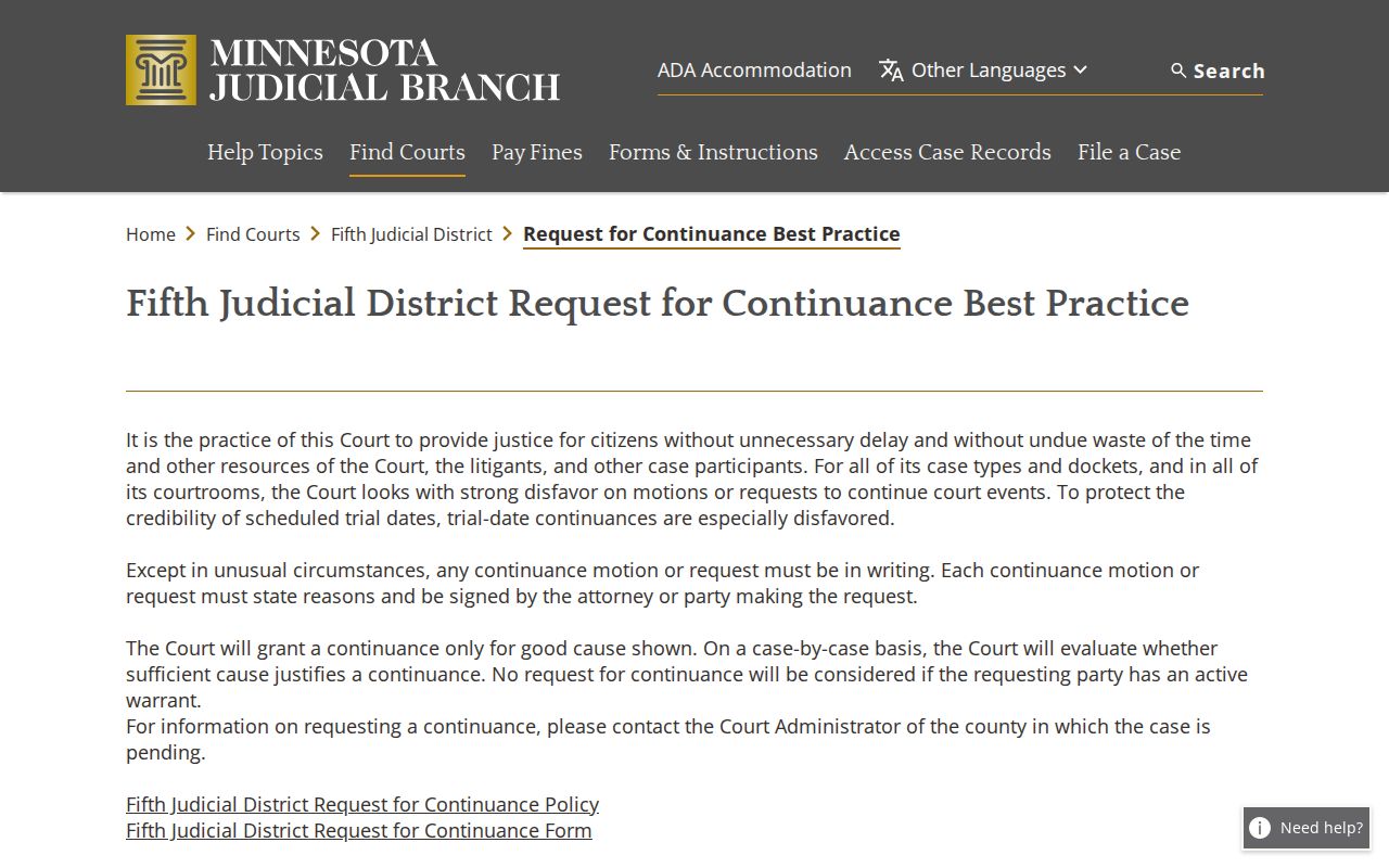 Nobles County court calendar and court records continuance guidance