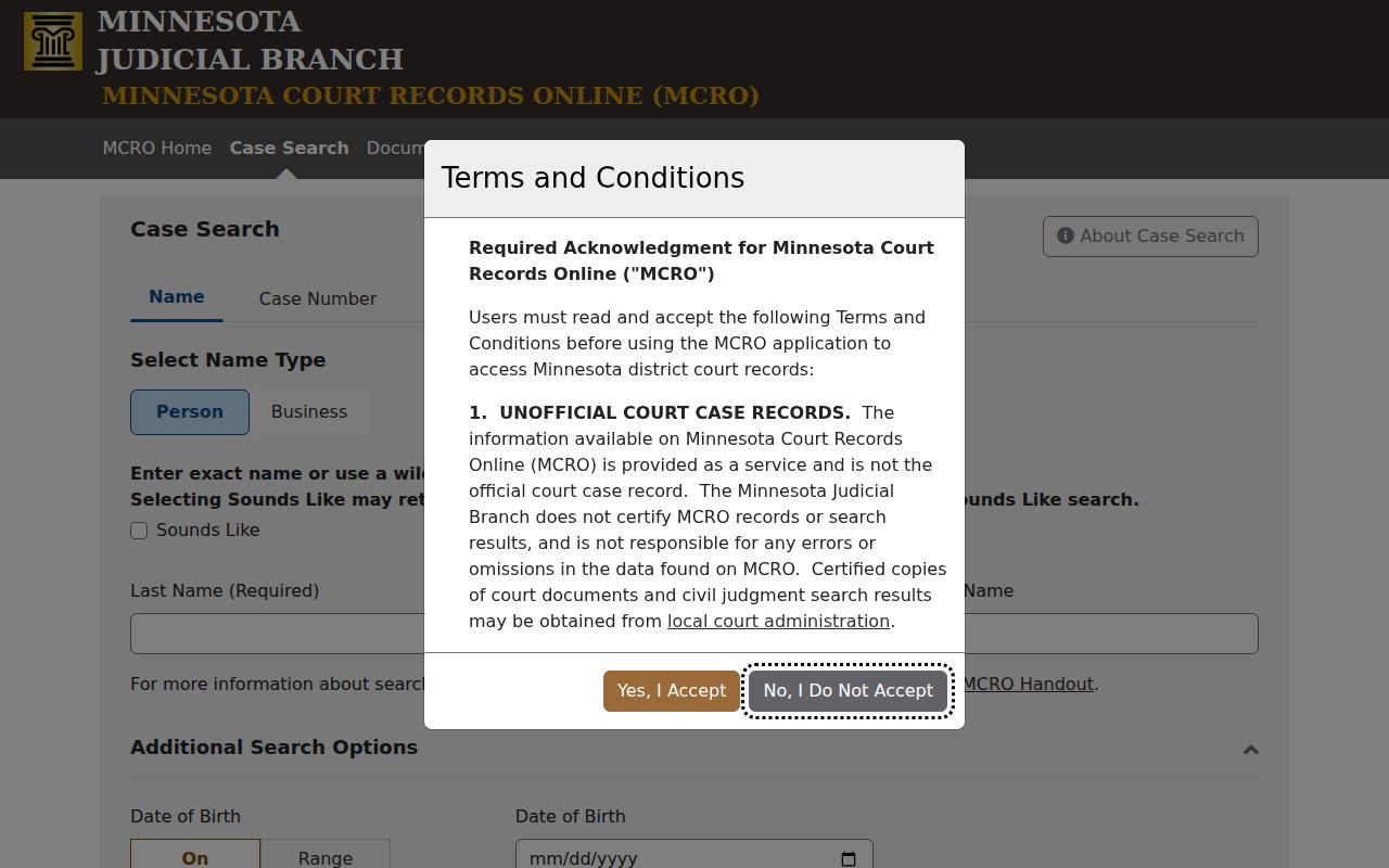 Nobles County case search MCRO court records search tabs