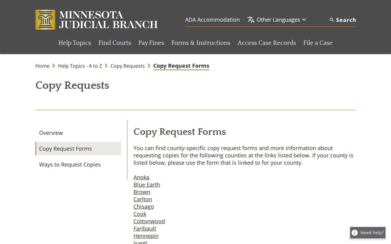 Nobles County civil dockets court copy-request form directory