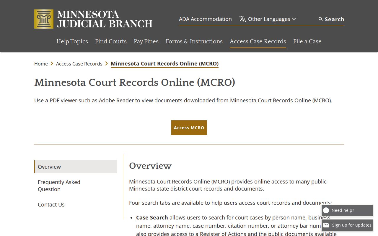 Nobles County court docket MCRO case-record search interface
