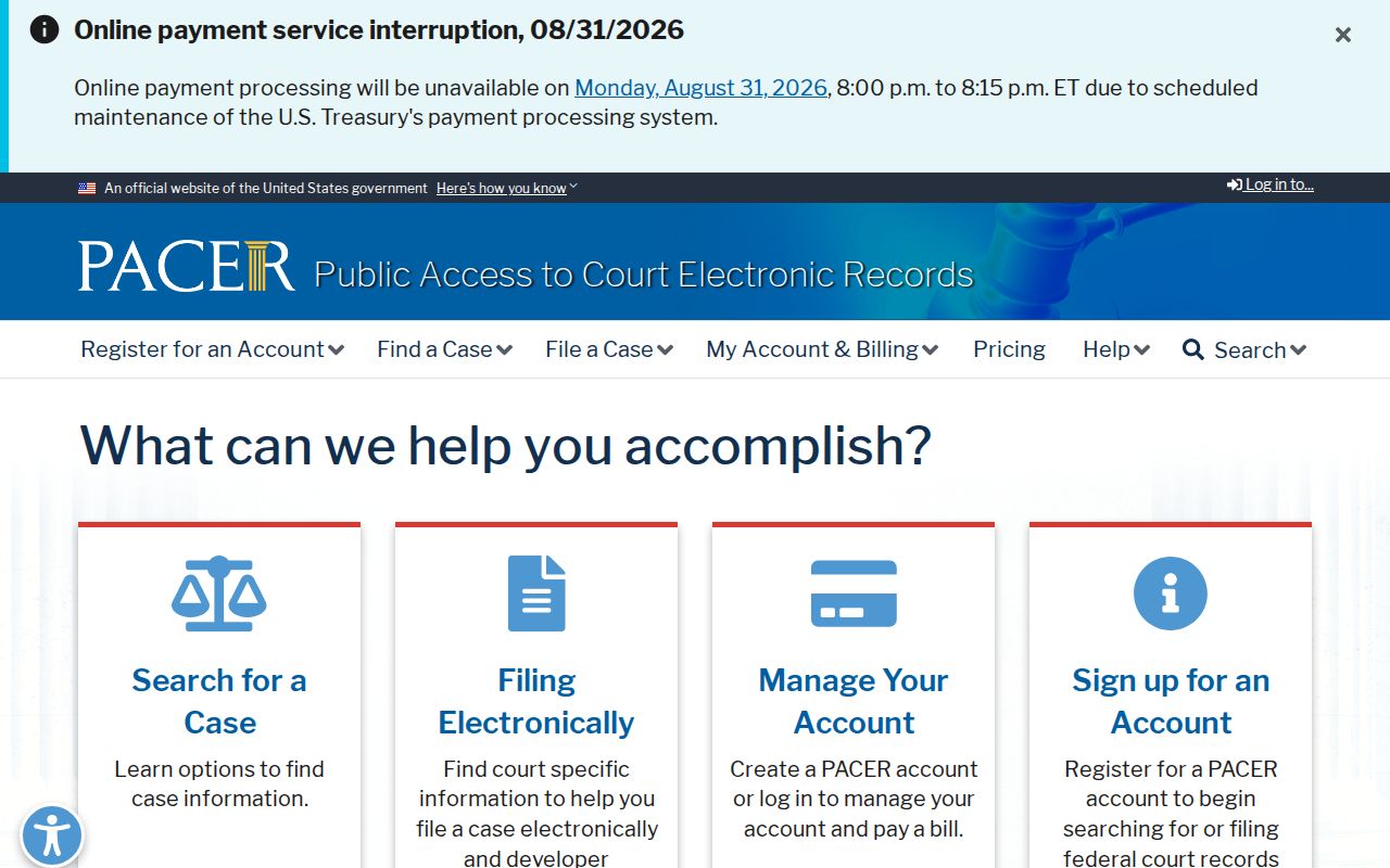 Nobles County court docket PACER federal records access interface