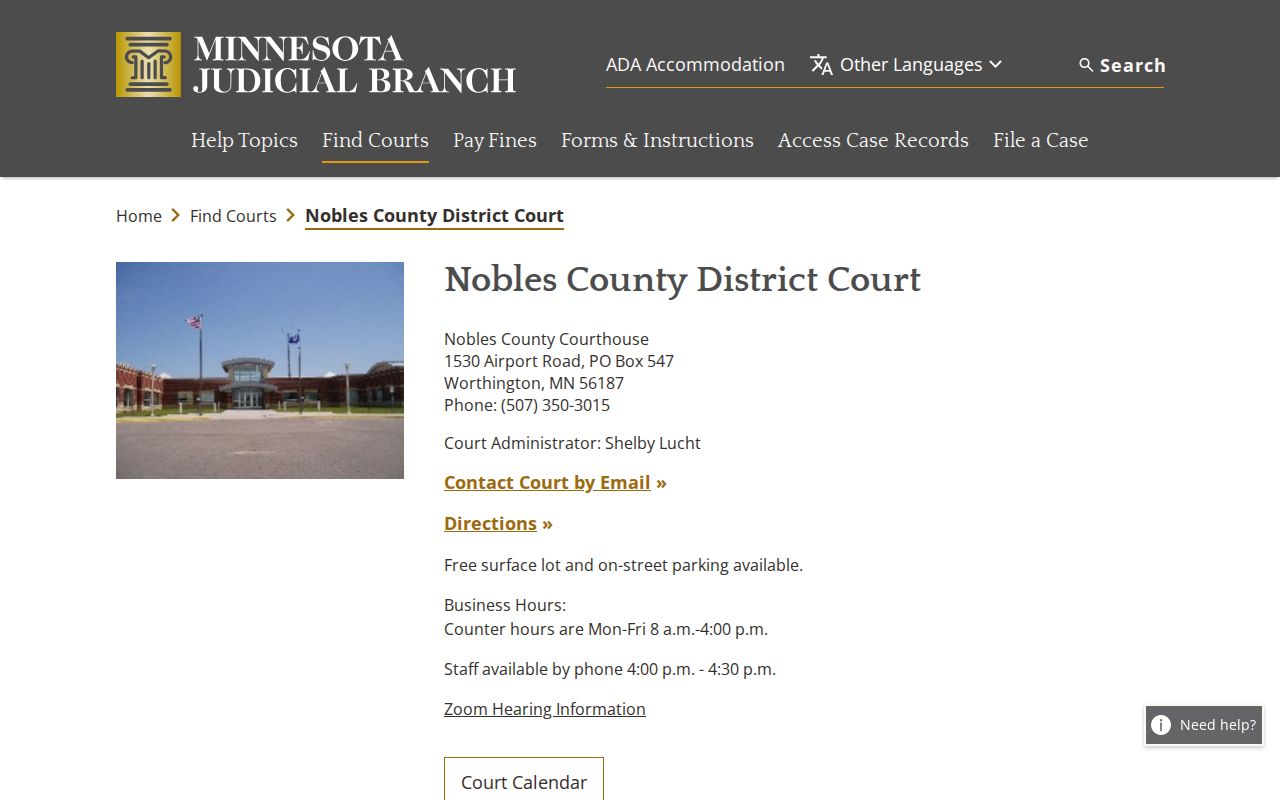 Nobles County court docket District Court access page